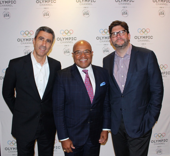 Gary Zenkel, President, NBC Olympics; Mike Tirico, NBC Olympics Primetime Host; and Jim Bell, President, Production and Executive Producer, NBC Olympics